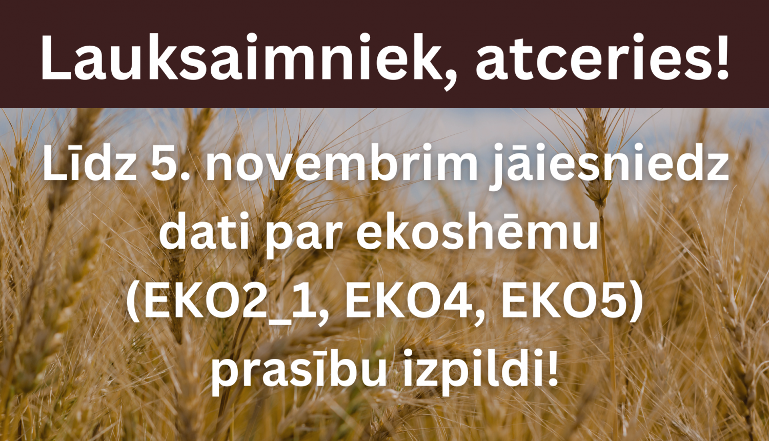 Lauksaimniek, atceries! Līdz 5. novembrim jāiesniedz dati par ekoshēmu (EKO2_1, EKO4, EKO5) prasību izpildi!